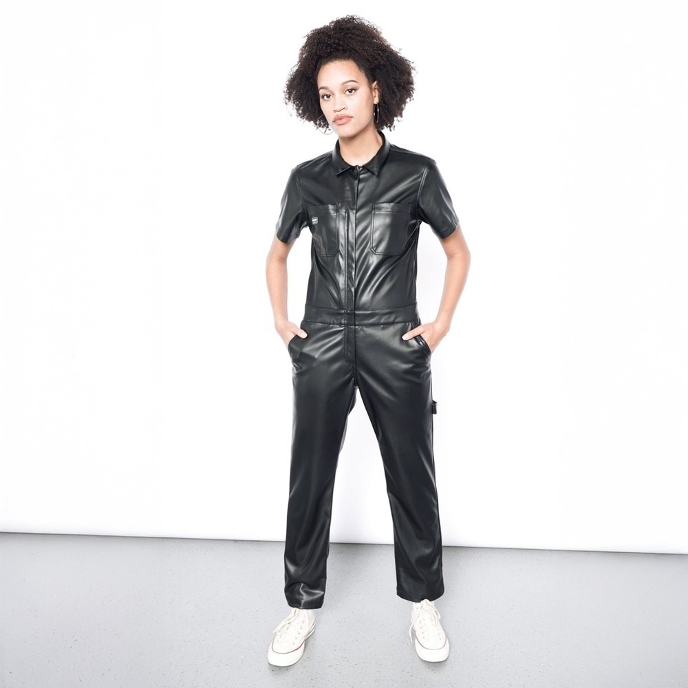 RARE! Wildfang - Essential Vegan Leather Short Sleeve Coveralls - Black
